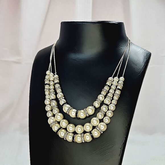 Triple Strand Faux Pearl & Rhinestone Necklace - Picture 1 of 8